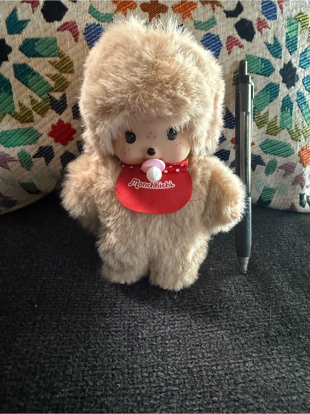Monchhichi Plush Doll with Red Bib - Cream Fur Kids Toy
